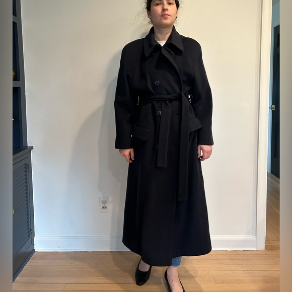 VINTAGE FORSTMANN Navy 100% pure wool trench style longline overcoat size L - Picture 1 of 9